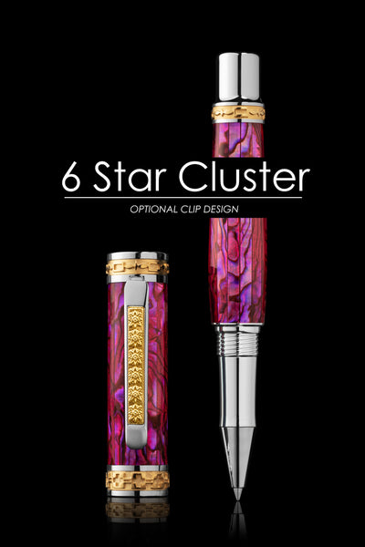 A handcrafted Closer LUXE Rollerball Pen with a pink abalone shell design, highlighted by accents of gleaming palladium and 22-karat gold details.